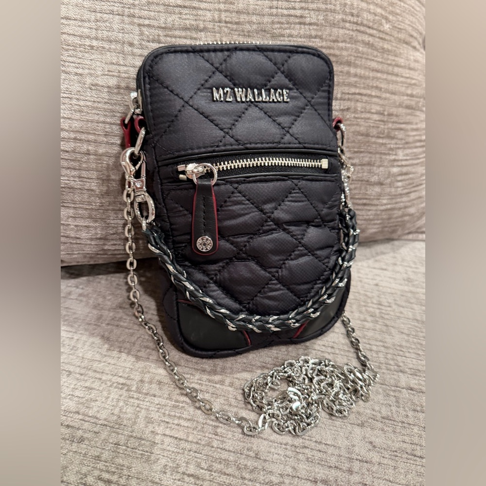 MZ WALLACE Black, Quilted Micro Crosby Crossbody Phone Bag with Silver Chain - Picture 6 of 16